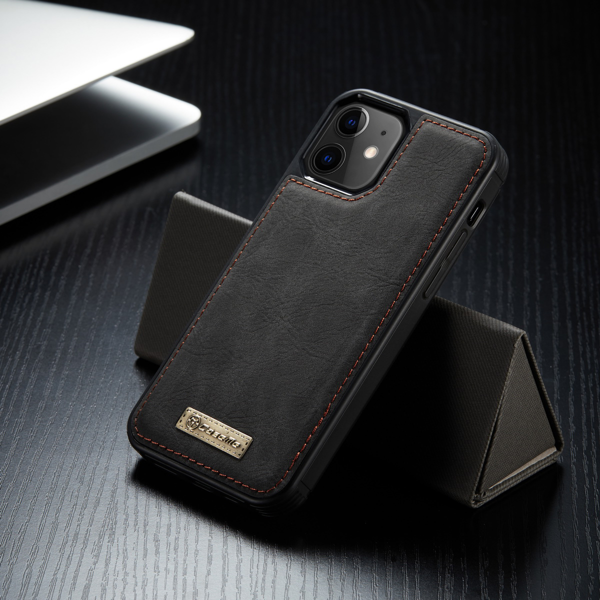 étui en cuir divisé 2-en-1 de la série caseme 007 avec portefeuille pour iphone 12 mini 5,4 pouces - le noir