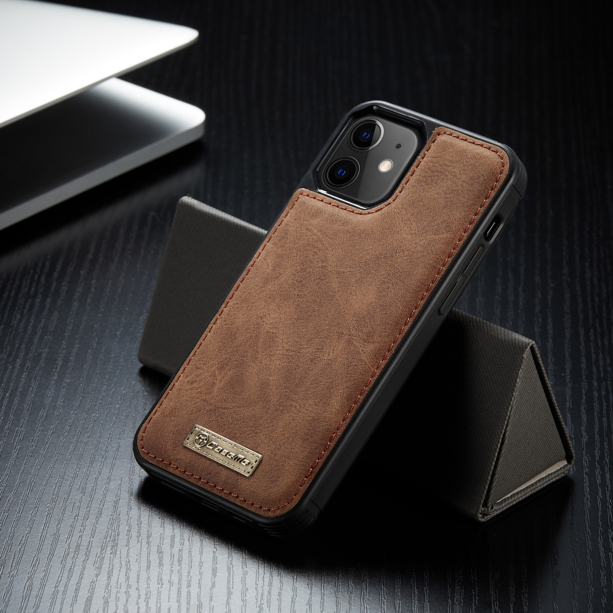 étui en cuir divisé 2-en-1 de la série caseme 007 avec portefeuille pour iphone 12 mini 5,4 pouces - le noir