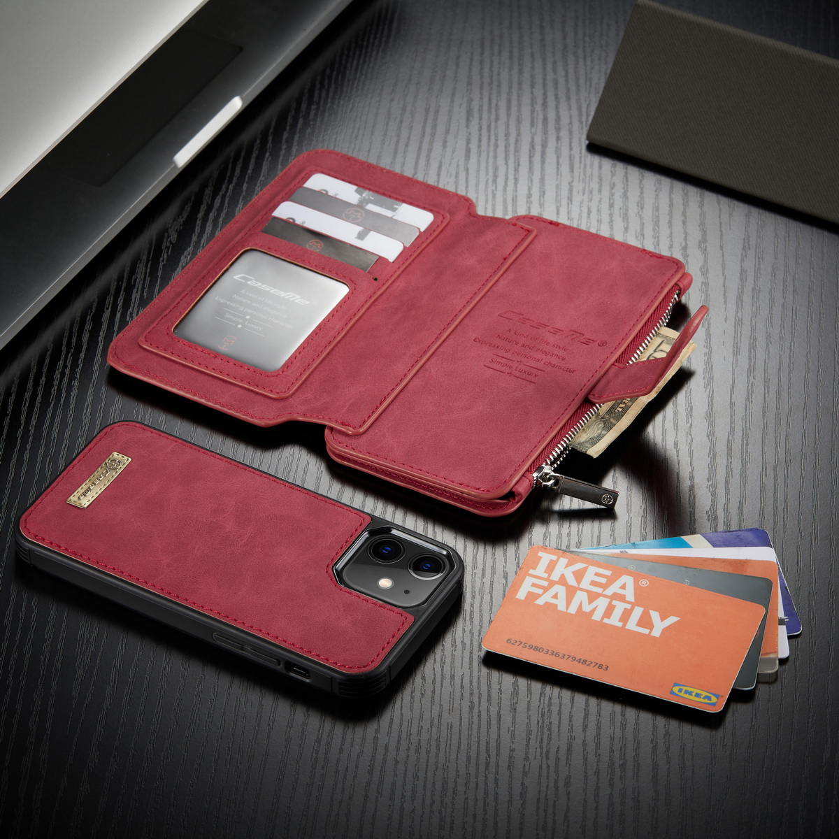 serie caseme 007 custodia in pelle split 2 in 1 staccabile con portafoglio per iphone 12 mini 5,4 pollici - rosso