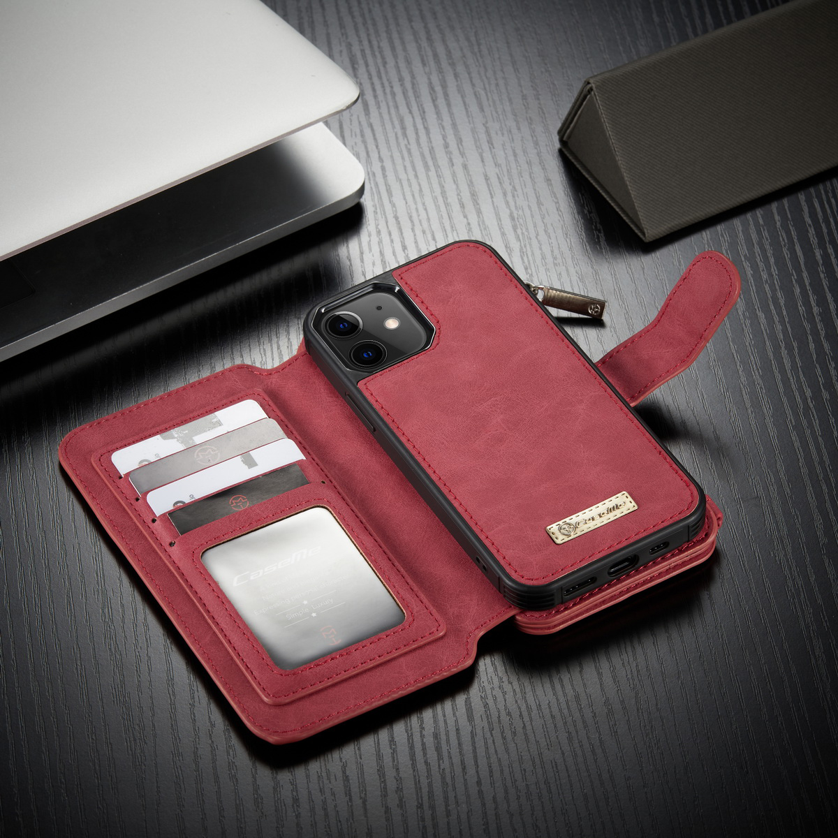 étui en cuir divisé 2-en-1 de la série caseme 007 avec portefeuille pour iphone 12 mini 5,4 pouces - rouge