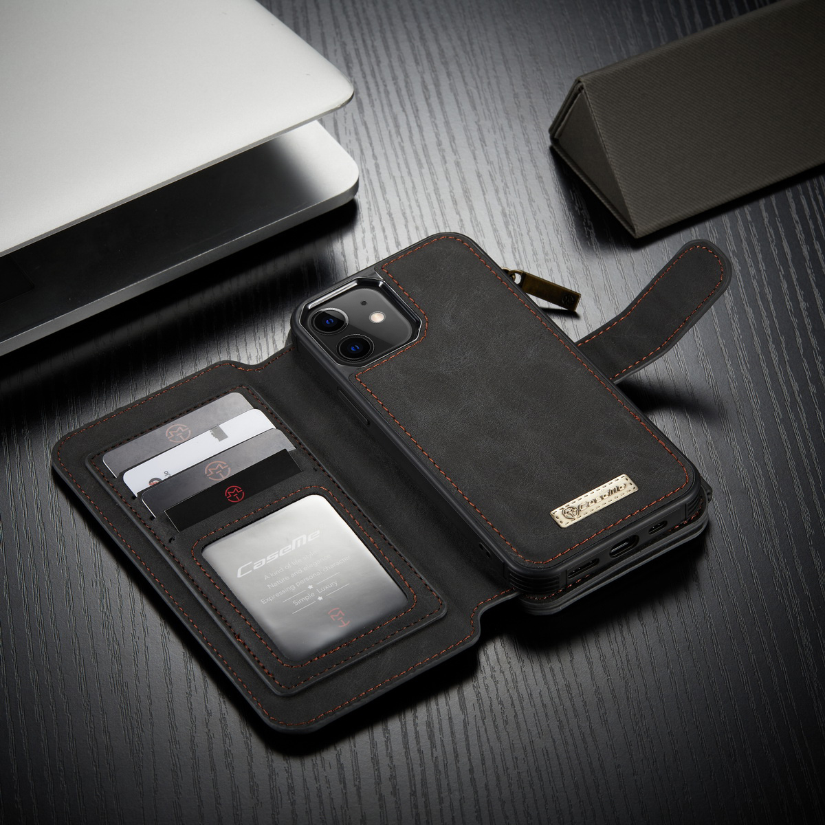 étui en cuir divisé 2-en-1 de la série caseme 007 avec portefeuille pour iphone 12 mini 5,4 pouces - le noir