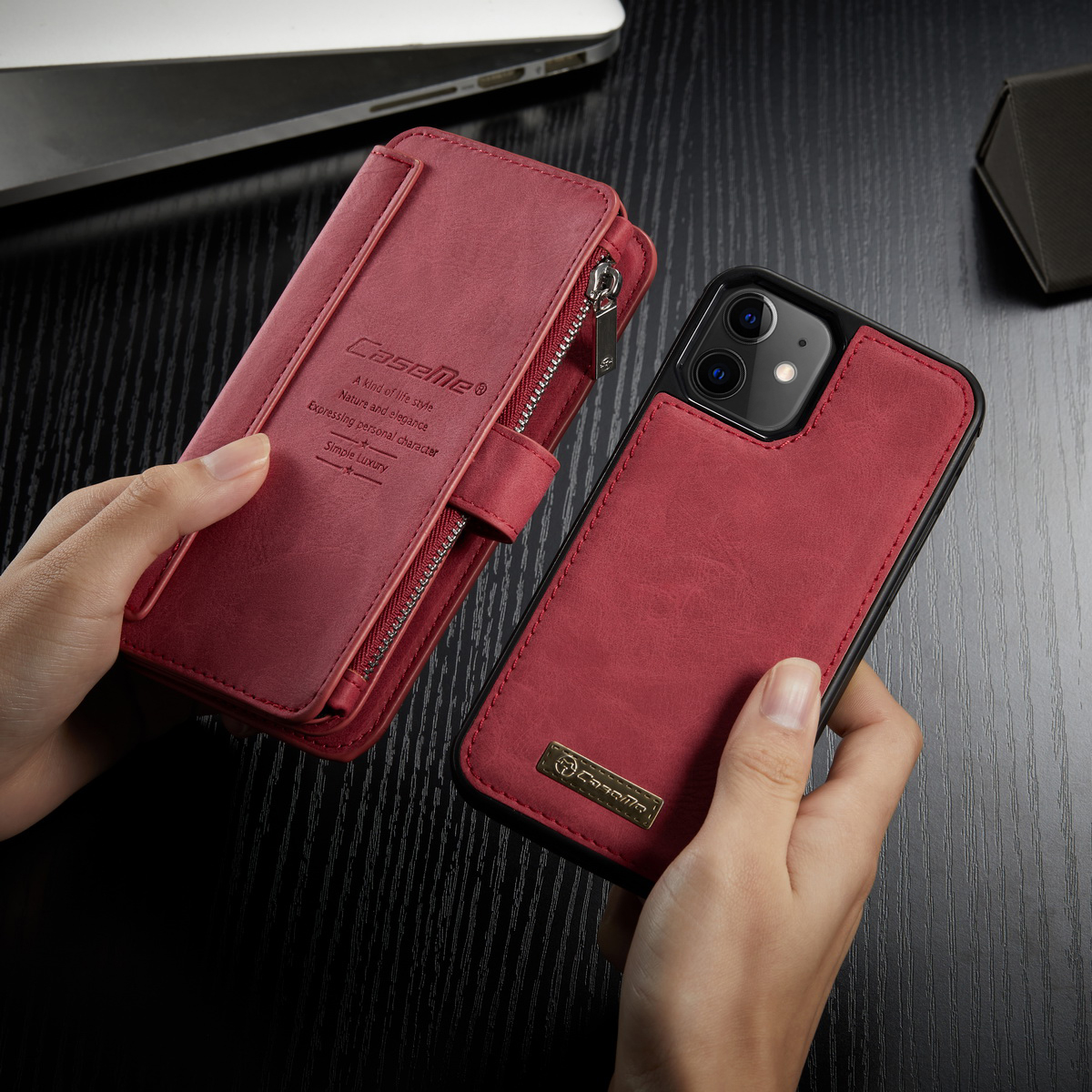 étui en cuir divisé 2-en-1 de la série caseme 007 avec portefeuille pour iphone 12 mini 5,4 pouces - rouge