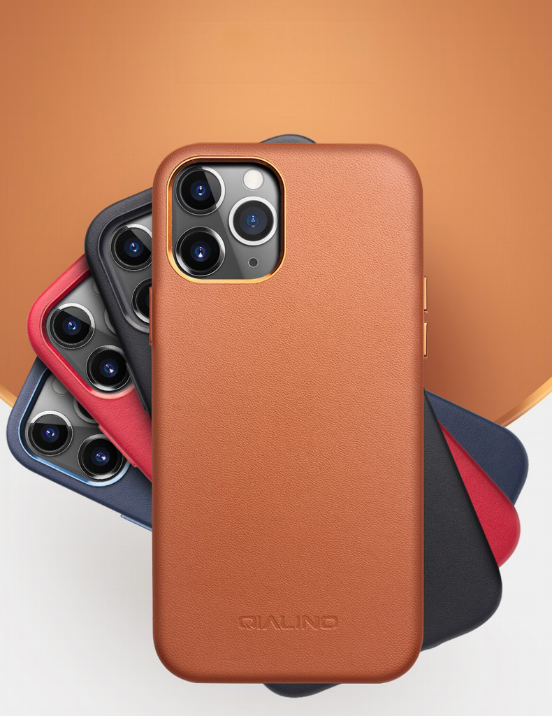 Funda Telefónica Recubierta Recubierta De Cuero De Piel De Vaca Qialino Para IPhone 12 6.1 Pulgadas / 12 PRO 6.1 Pulgadas, Tapa Del Teléfono Del Teléfono Inteligente - Negro