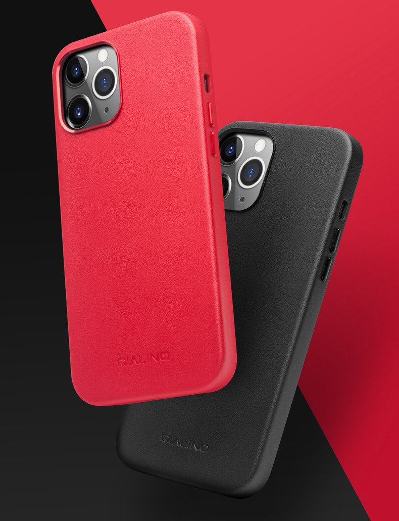 Funda Telefónica Recubierta Recubierta De Cuero De Piel De Vaca Qialino Para IPhone 12 6.1 Pulgadas / 12 PRO 6.1 Pulgadas, Tapa Del Teléfono Del Teléfono Inteligente - Negro