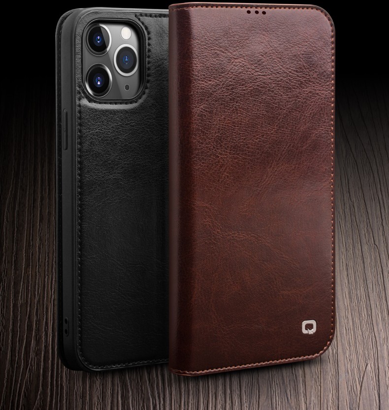 Qialino Genuine Cowhide Cuero Cartera Cartera Folio Book Stand Flip Funda Para IPhone 12 / 12 PRO 6.1 Pulgadas - Marrón