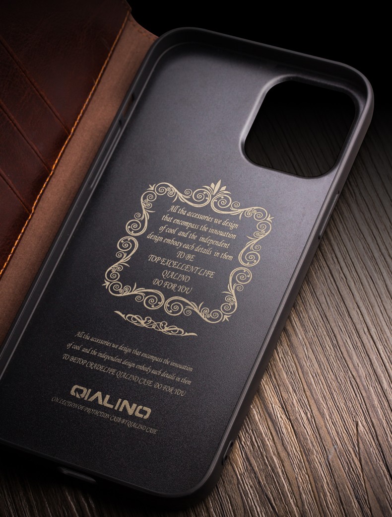 Qialino Genuine Cowhide Cuero Cartera Cartera Folio Book Stand Flip Funda Para IPhone 12 / 12 PRO 6.1 Pulgadas - Marrón