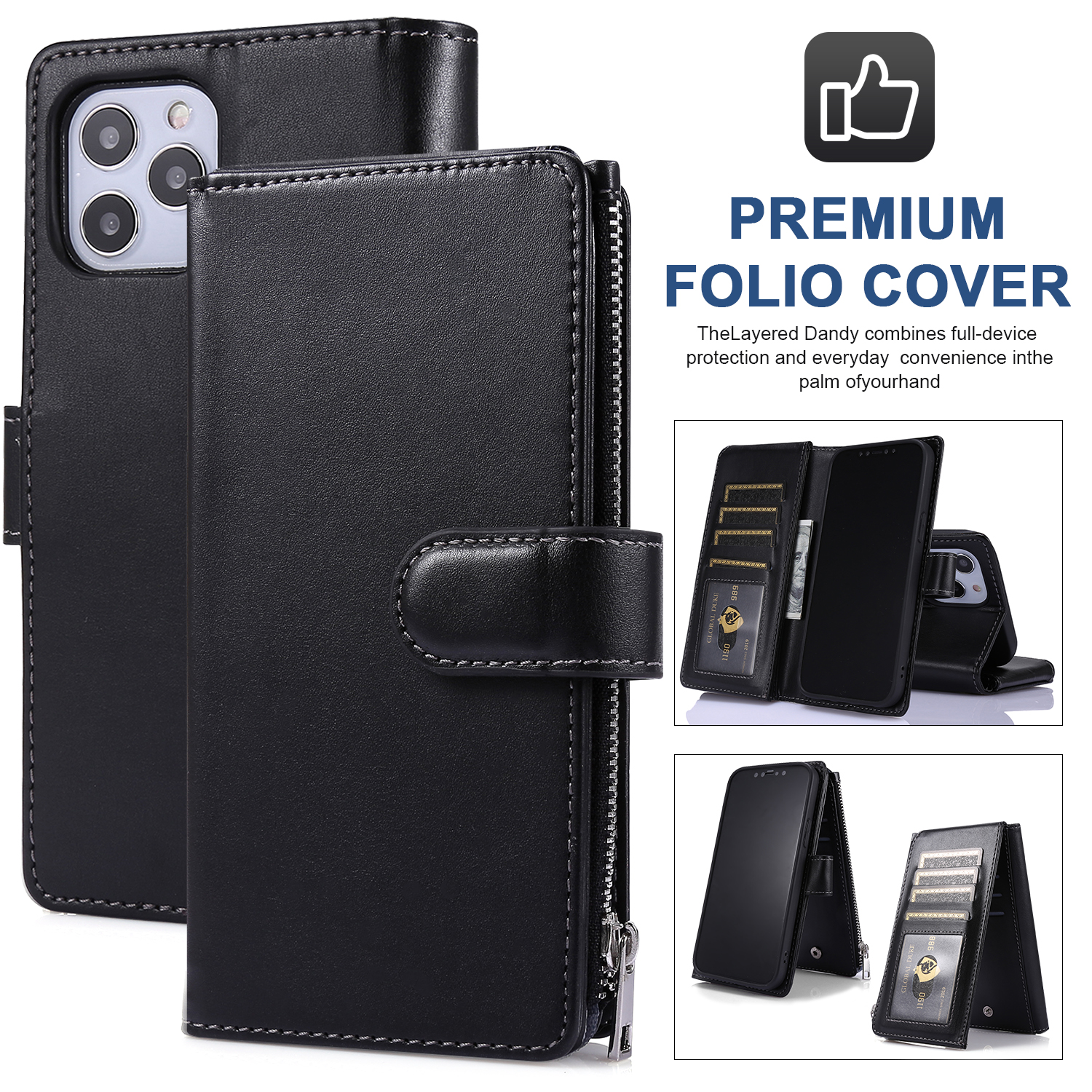 Caixa de Capa de Carteira de Couro Com Bolso Com Zíper Para Iphone 12 Mini 5,4 Polegadas - Preto