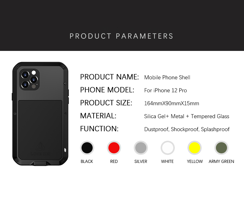 Liebe Mei Metall + Silikon + Gehärtetes Glas Stoßdurchsichtige Düstere Staubdichte Koffer Für IPhone 12 Pro Protector Cover - Schwarz