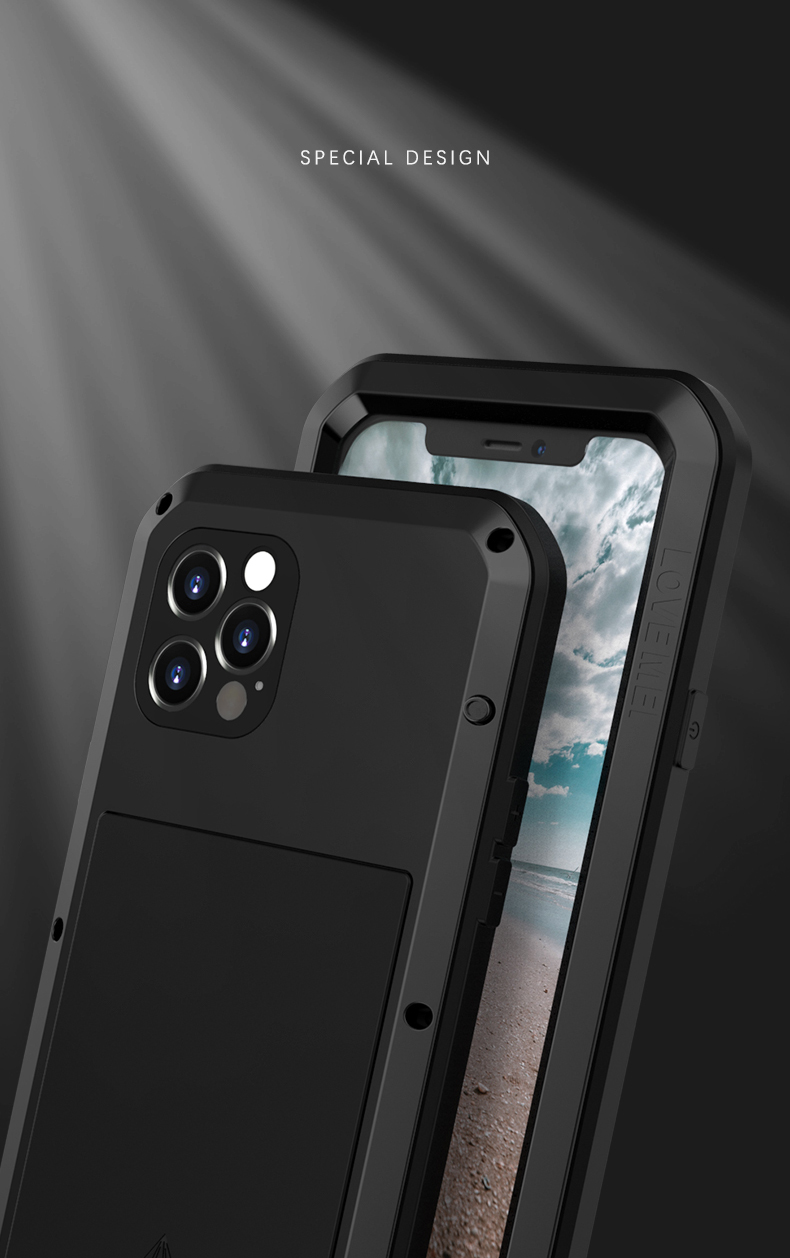 Liebe Mei Metall + Silikon + Gehärtetes Glas Stoßdurchsichtige Düstere Staubdichte Koffer Für IPhone 12 Pro Protector Cover - Schwarz