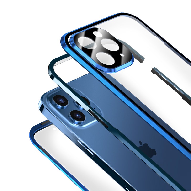 Bolsa de Teléfono Móvil Luphi Cubierta de Cubierta de Metal Magnético Con Cáscara de Teléfono de Vidrio Templado de Doble Cara Para Iphone 12 Pro Max - Azul