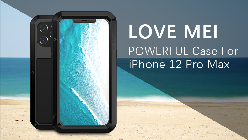 Love Mei Silicone + Metal Frame en Forma de Cubierta de la Barra Con Protector de Pantalla de Vidrio Templado Para Iphone 12 Pro Max - Negro