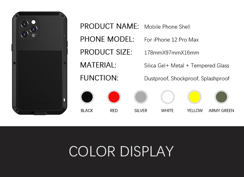 Love Mei Silicone + Metal Frame en Forma de Cubierta de la Barra Con Protector de Pantalla de Vidrio Templado Para Iphone 12 Pro Max - Negro