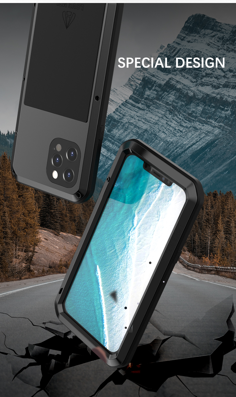 Love Mei Silicone + Couverture de Téléphone en Forme de Barre Métallique Avec Protecteur D'écran en Verre Trempé Pour Iphone 12 Pro Max - le Noir