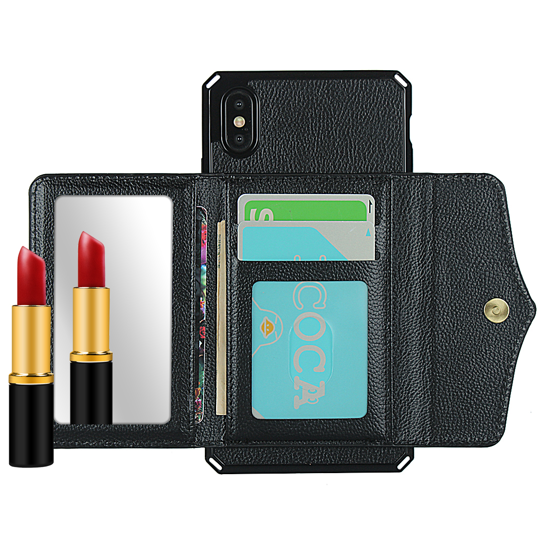 Wallet Litchi Texture Phone Case Back Shell with Makeup Mirror inside for iPhone XS Max - Black-3
