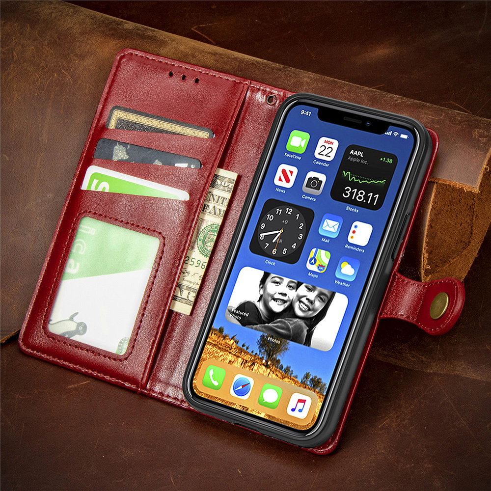 Runde Schnalle Design Feste Farbbrieftasche Leder Handy Hülle Hülle Für Iphone 12/12 Pro - Schwarz