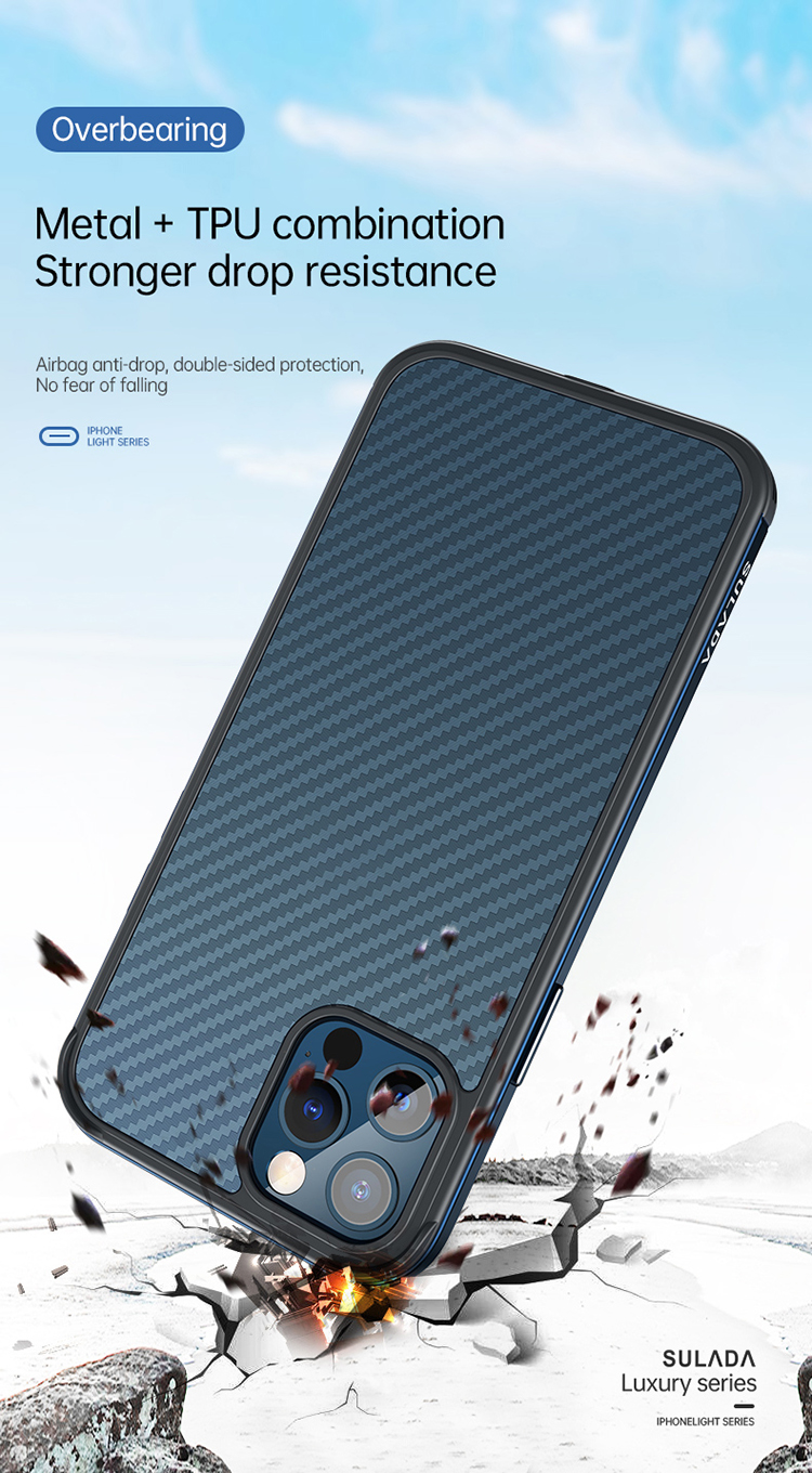 Sulada Carbon Fibra Textura Teléfono Protector De Teléfono Funda Hybrid Funda Para IPhone 12/12 PRO - Azul