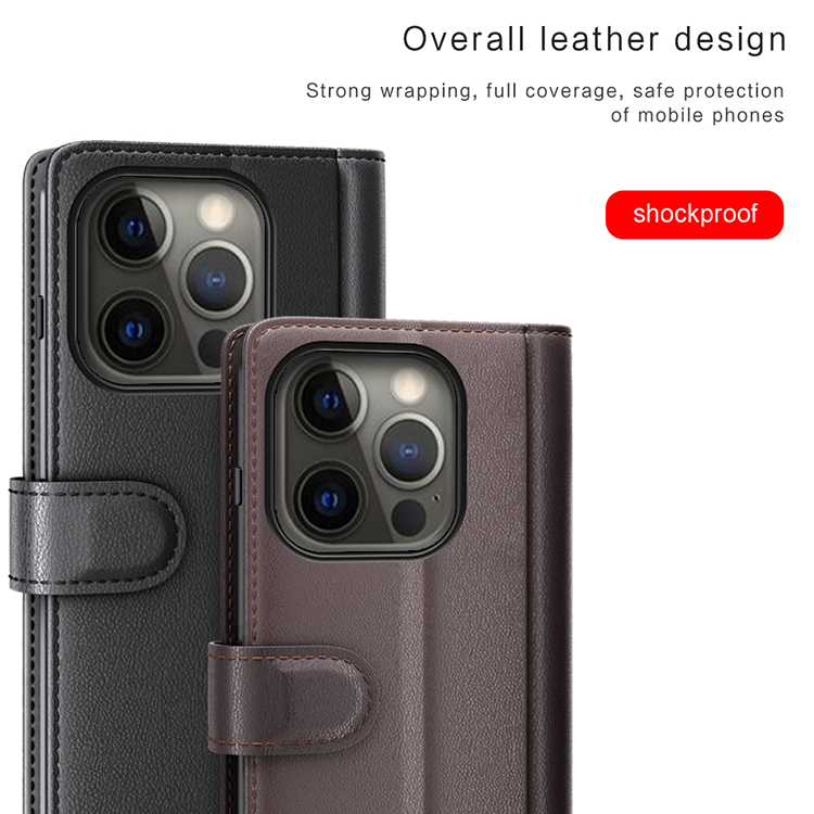 Case de Stand de Fotografía de Diseño de Billetera de Cuero Genuino Para Iphone 13 Pro Max 6.7 Pulgadas - Negro