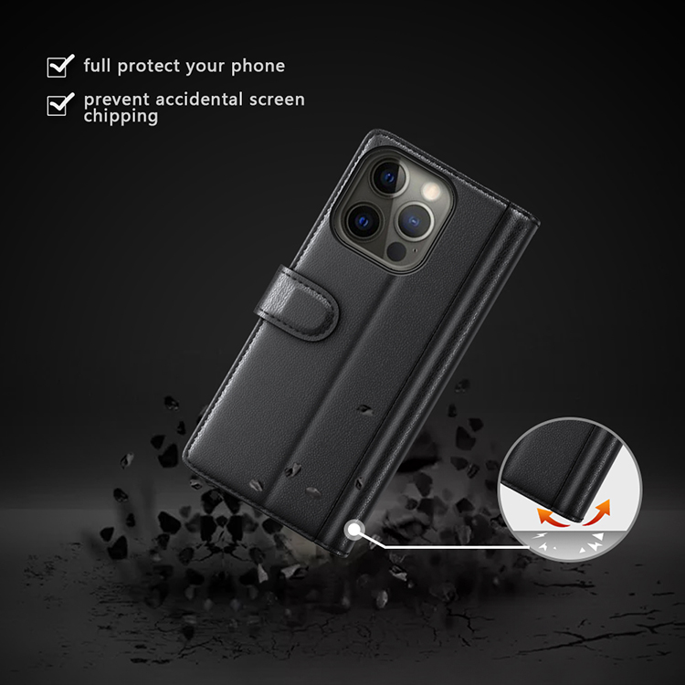 Case de Stand de Fotografía de Diseño de Billetera de Cuero Genuino Para Iphone 13 Pro Max 6.7 Pulgadas - Negro