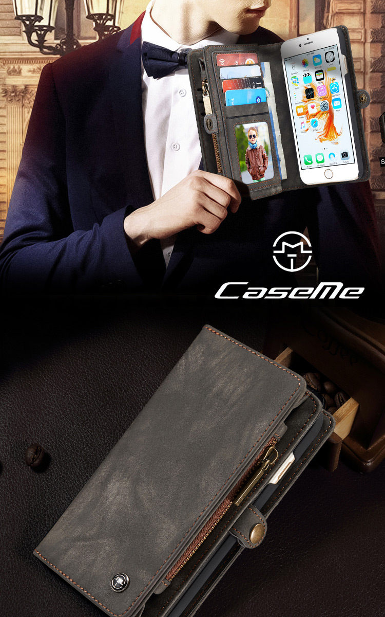 Série Caseme 008 Para Iphone 6s 6 Caixa de Carteira Com Vários Slots de Couro Retro PU - Cinza