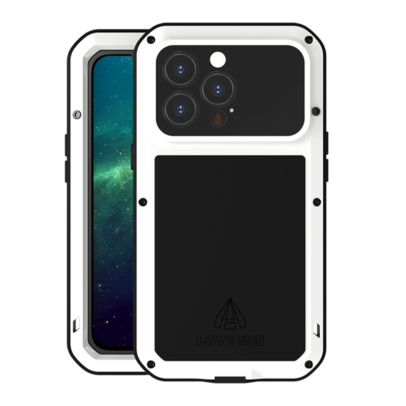 Love MEI Multi-Protection Shock-profir-prest-prough Polip Dust [Metal+Silicone+Tempered Glass] Case Protector Del Teléfono Para Iphone 13 Pro 6.1 Pulgadas - Negro