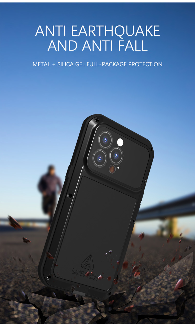 Love Mei Multi-protektion Schockfest, Tropfensicherer Staubdestfest [metall+silikon+temperiertes Glas] Telefonschutzhülle Für Iphone 13 Pro 6,1 Zoll - Schwarz