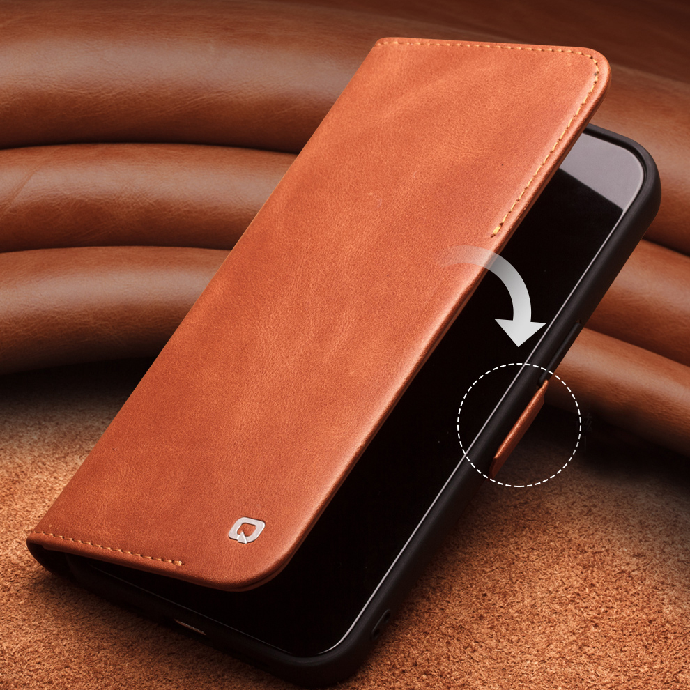 Qialino Gut Geschützt Anti-Herbst-Magnetverschluss Wallet Design Echtes Leder Handy-Kasten Für IPhone 13 Mini 5,4 Zoll - Schwarz