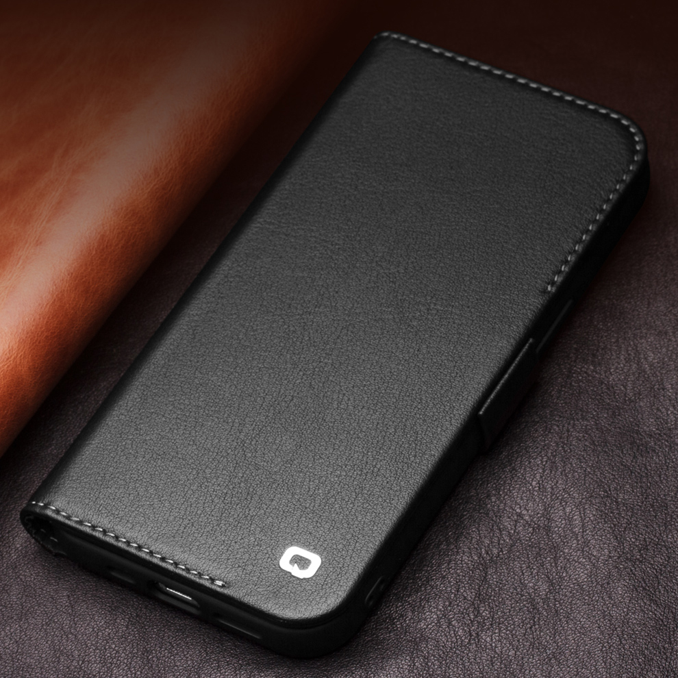 Qialino Gut Geschützt Anti-Herbst-Magnetverschluss Wallet Design Echtes Leder Handy-Kasten Für IPhone 13 Mini 5,4 Zoll - Schwarz