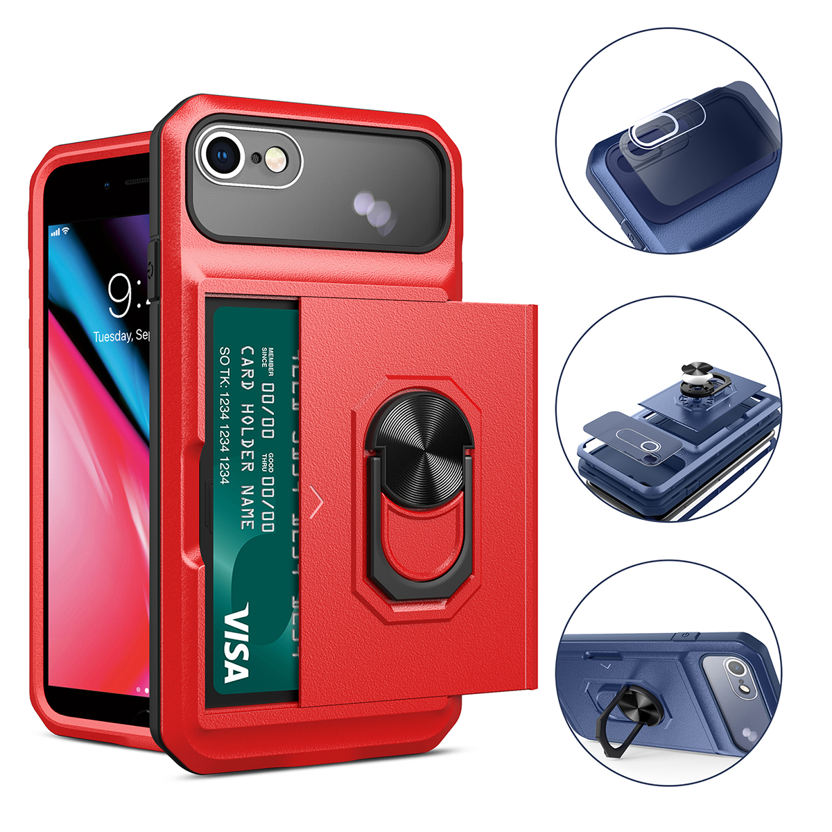 Para Iphone 7/8/SE (2020)/(2022) PC+TPU Caixa de Telefone Tpu Kickstand Design 3 em 1 Cobertura Multifuncional Com Filme de Lente Micron - Azul Safira