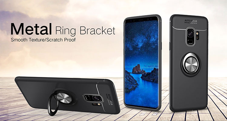 Finger Ring Kickstand TPU Mobilfunkkoffer Für Samsung Galaxy S9 SM-G960 (eingebaute Metallblech) - Schwarz / Blau