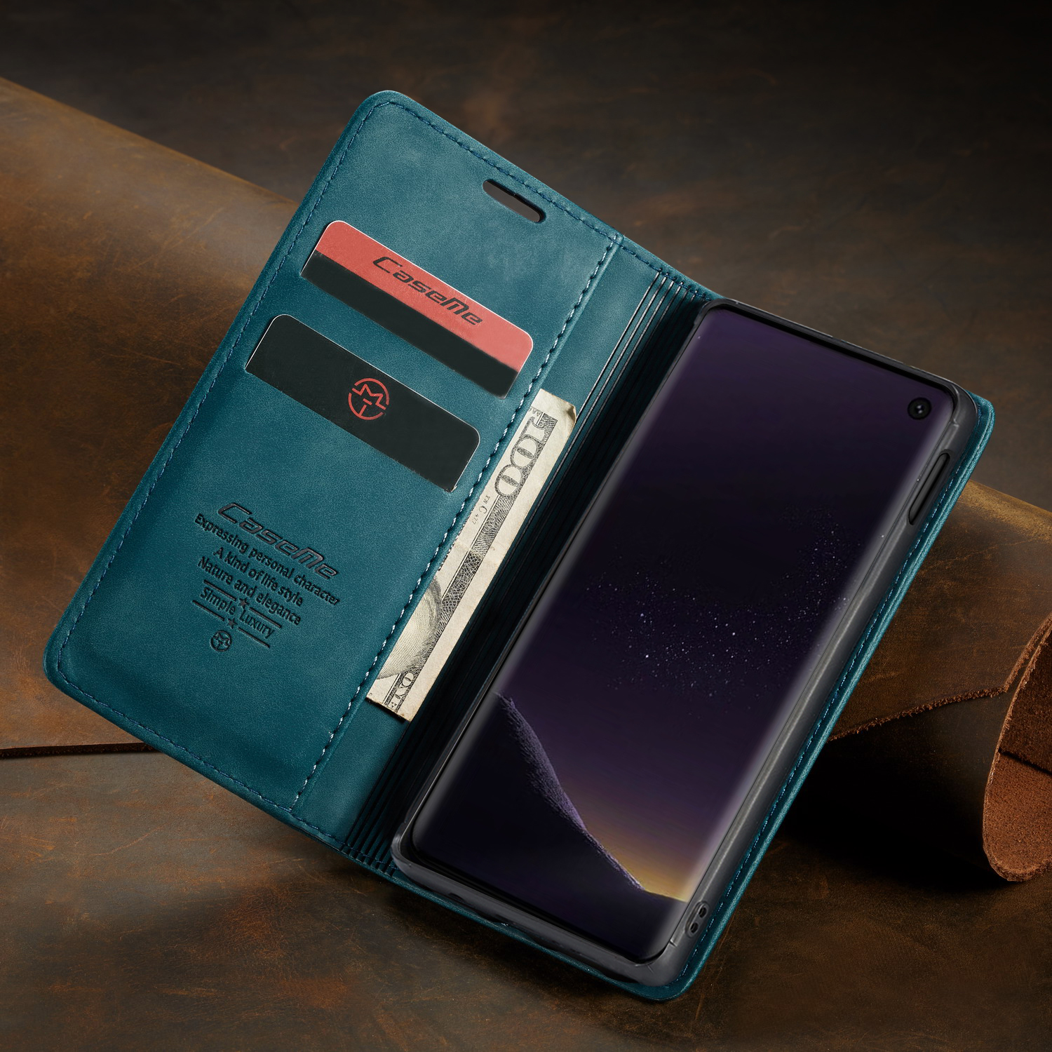 Serie Caseme 013 Para Samsung Galaxy S10e PU Leather Shell [auto-absorbido] [soporte de Billetera] - Azul