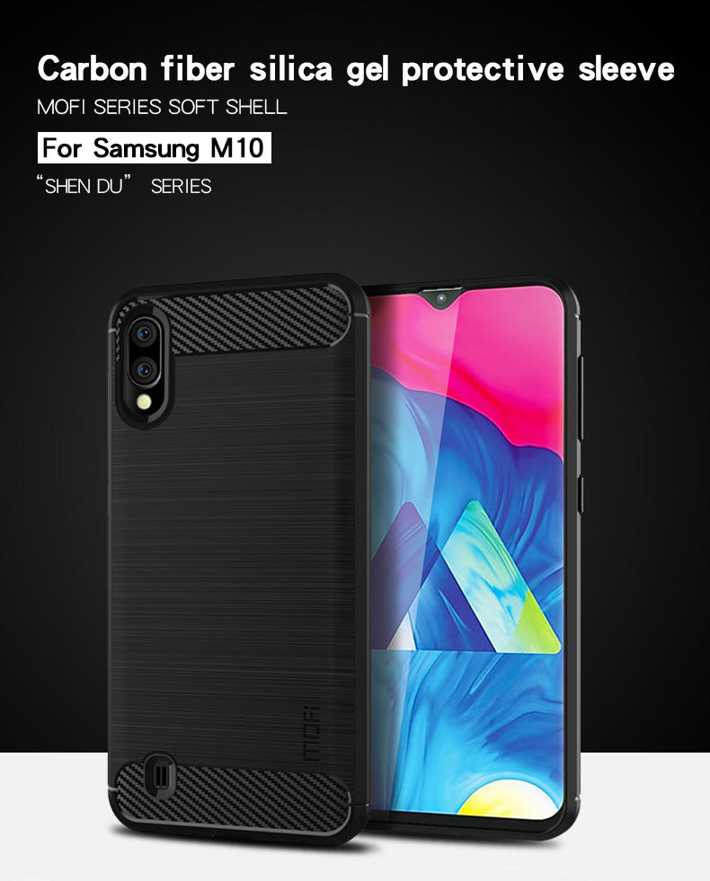 Textura de Fibra de Carbono Mofi Casca de Tampa Escovada Para Samsung Galaxy M10 - Preto