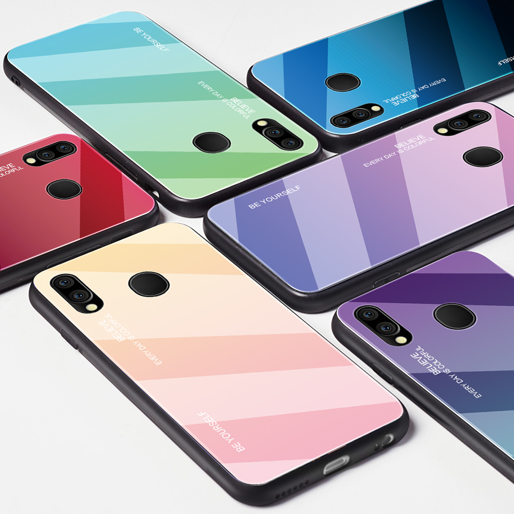 Kratzfestes Gehärtetes Glas TPU + PC Gradient Telefon Fall Für Samsung Galaxy M20 - Gold / Rosa