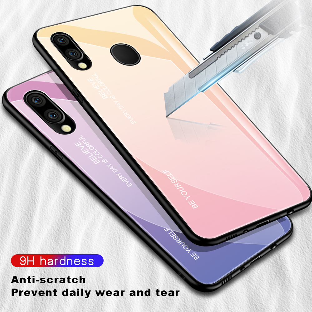 Estojo De Vidro Temperado Resistente A Riscos TPU + PC Caixa Do Telefone Do Gradiente Para Samsung Galaxy M20 - Ouro / Cor De Rosa