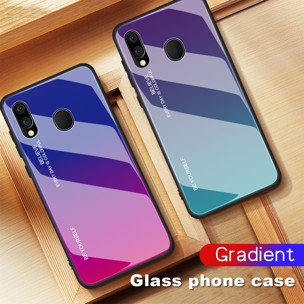 Kratzfestes Gehärtetes Glas TPU + PC Gradient Telefon Fall Für Samsung Galaxy M20 - Gold / Rosa