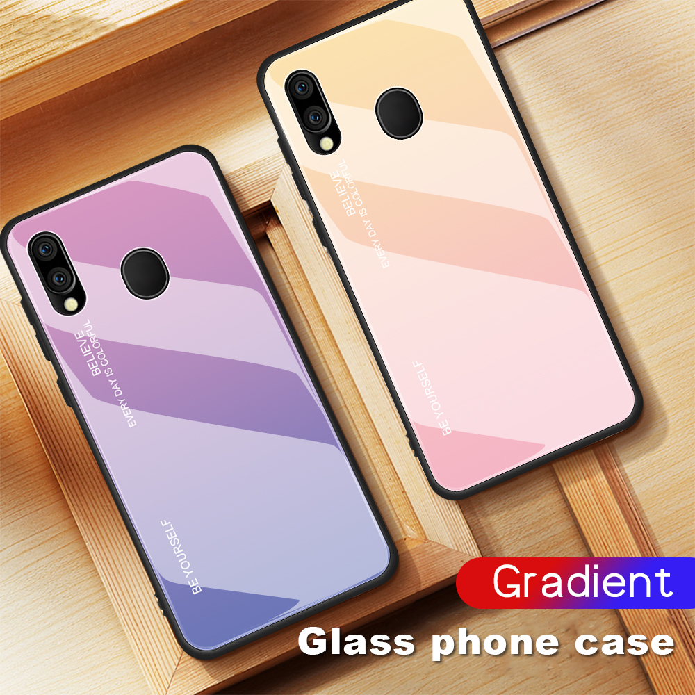 Kratzfestes Gehärtetes Glas TPU + PC Gradient Telefon Fall Für Samsung Galaxy M20 - Gold / Rosa