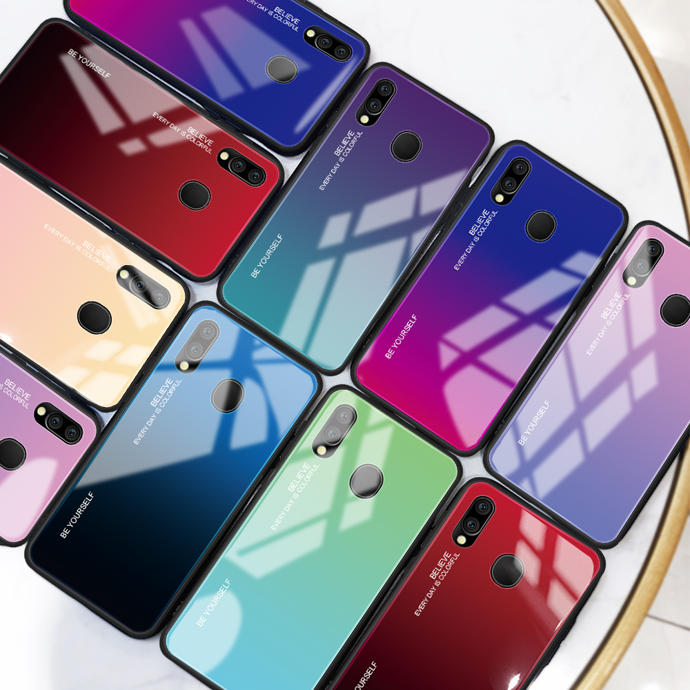 Kratzfestes Gehärtetes Glas TPU + PC Gradient Telefon Fall Für Samsung Galaxy M20 - Gold / Rosa