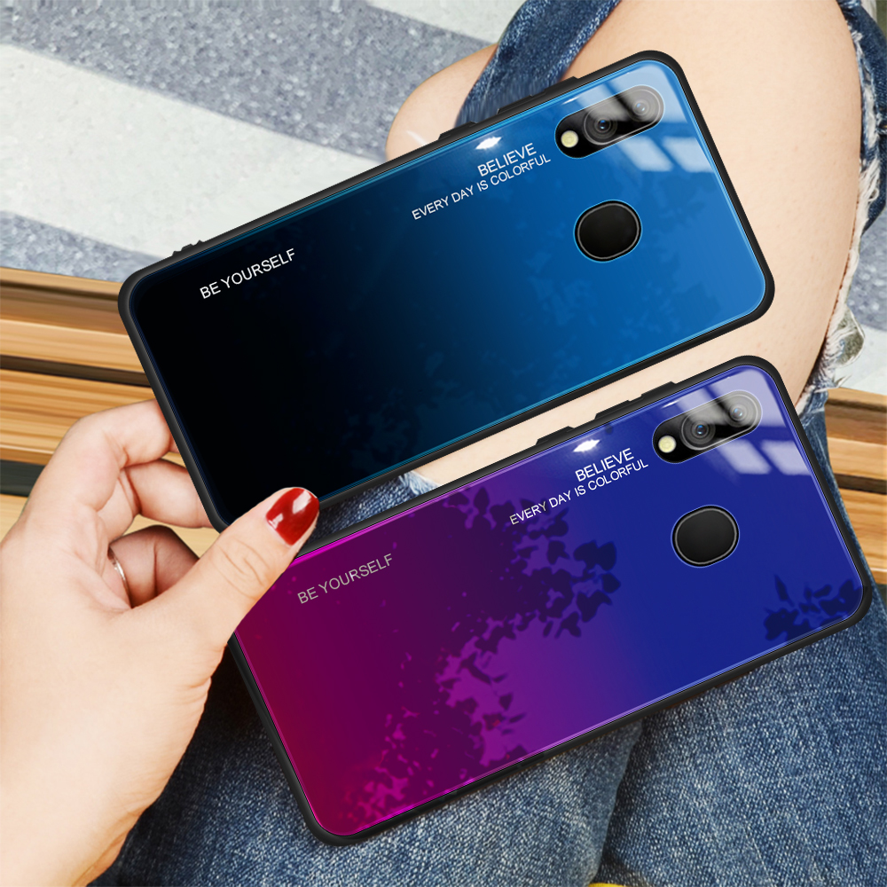 Kratzfestes Gehärtetes Glas TPU + PC Gradient Telefon Fall Für Samsung Galaxy M20 - Gold / Rosa