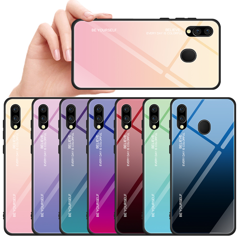 Kratzfestes Gehärtetes Glas TPU + PC Gradient Telefon Fall Für Samsung Galaxy M20 - Gold / Rosa