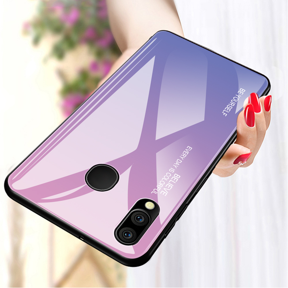 Kratzfestes Gehärtetes Glas TPU + PC Gradient Telefon Fall Für Samsung Galaxy M20 - Gold / Rosa