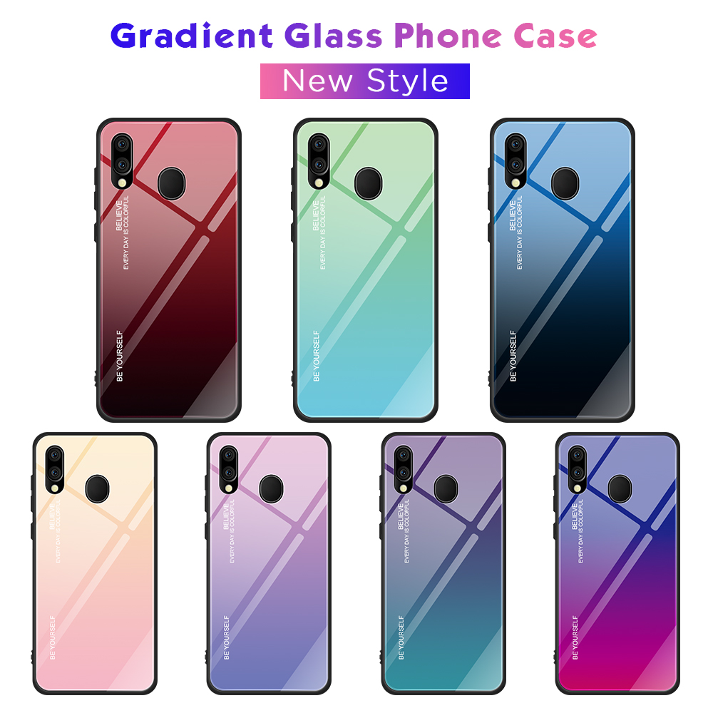 Kratzfestes Gehärtetes Glas TPU + PC Gradient Telefon Fall Für Samsung Galaxy M20 - Gold / Rosa