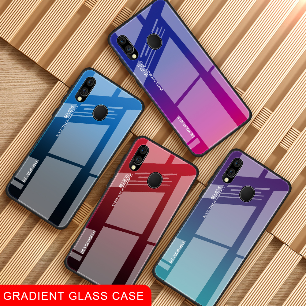 Kratzfestes Gehärtetes Glas TPU + PC Gradient Telefon Fall Für Samsung Galaxy M20 - Gold / Rosa