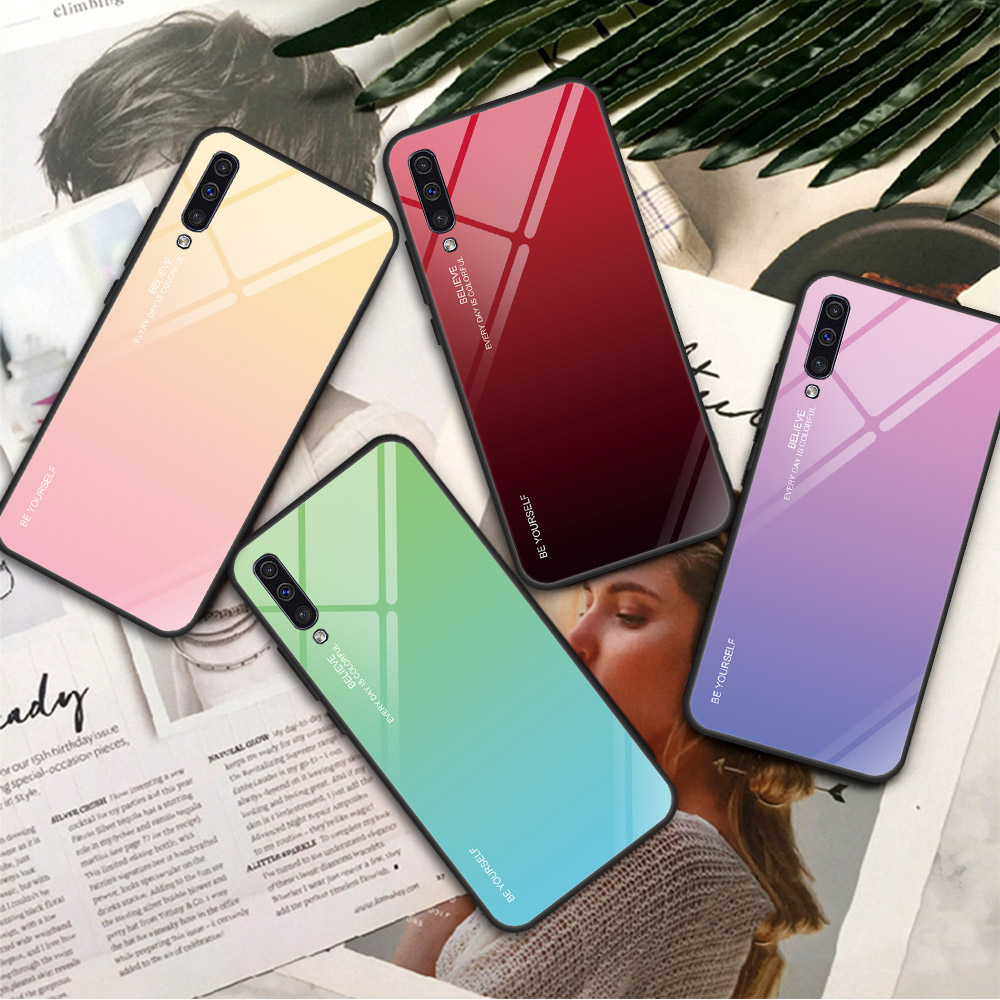 [couleur de Gradient] Verre + TPU + PC Accessoir de Cas Téléphone Pour Samsung Galaxy A50 / A50 / A30 - Cyan / Bleu