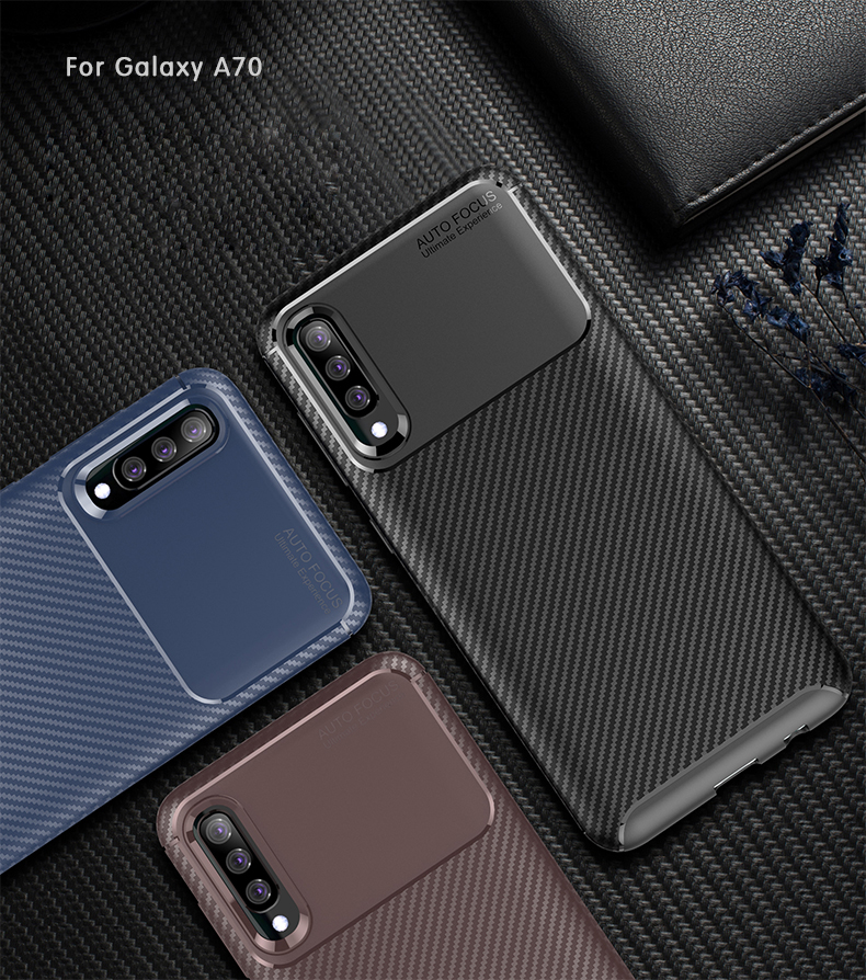 Coque de Couverture TPU Texture en Fibre de Carbone Pour Samsung Galaxy A70 - Bleu