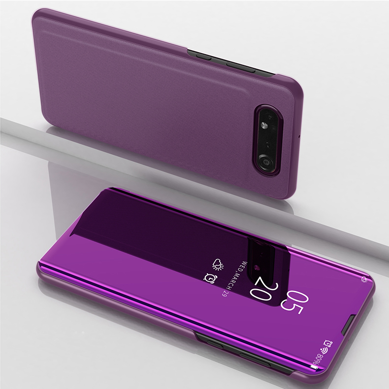 Vista Ventana de Espejo Chapado en la Superficie de la Superficie de Cuero Para Samsung Galaxy A90 / A80 - Morado Oscuro