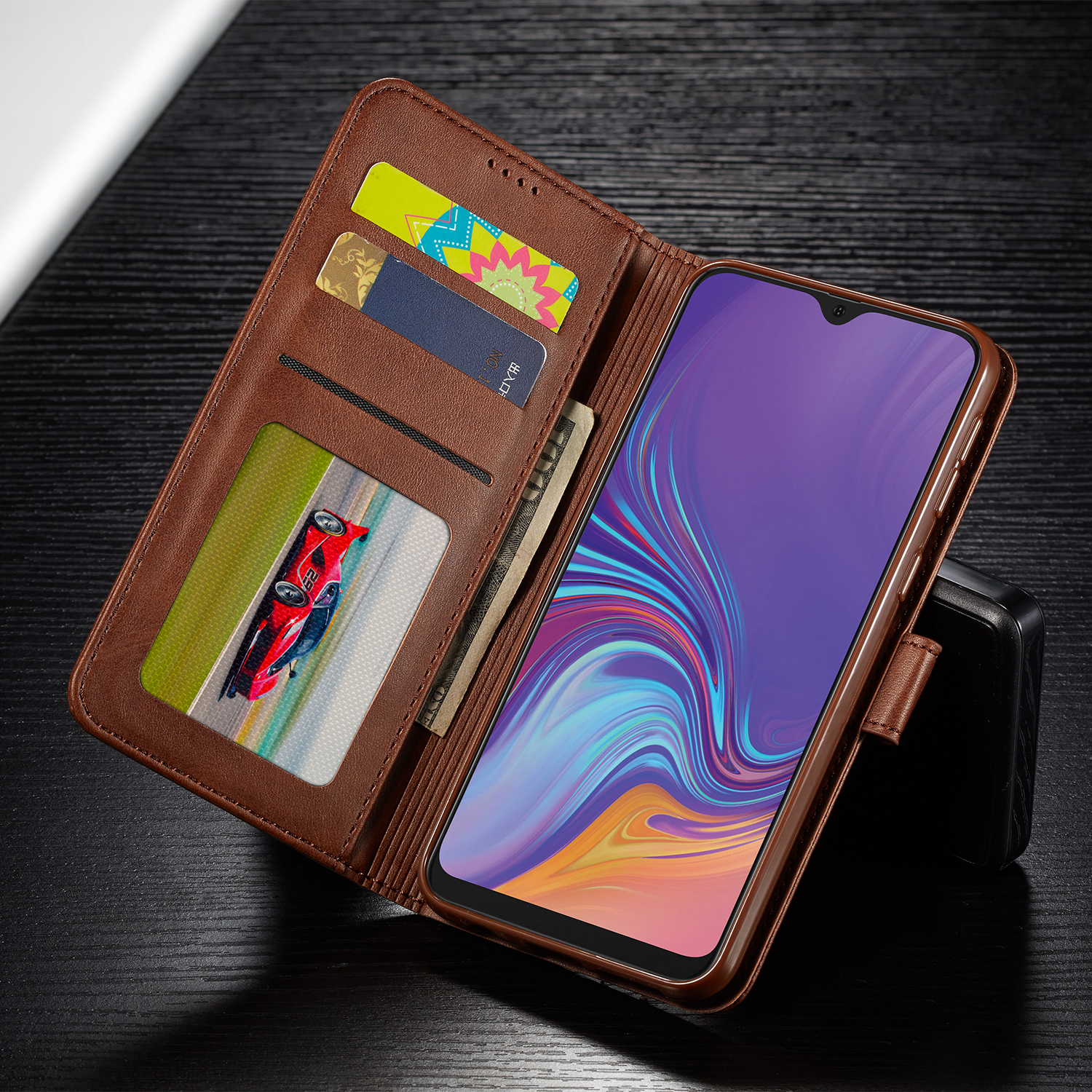 Lc. Imeeke Leder Brieftaschenstand Hülle Für Samsung Galaxy M20 - Schwarz