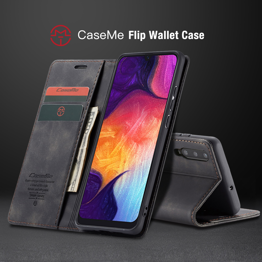 Caseme 013-Serie Auto-absorbierte Lederwallet-Hülle Für Samsung Galaxy A50 - Schwarz