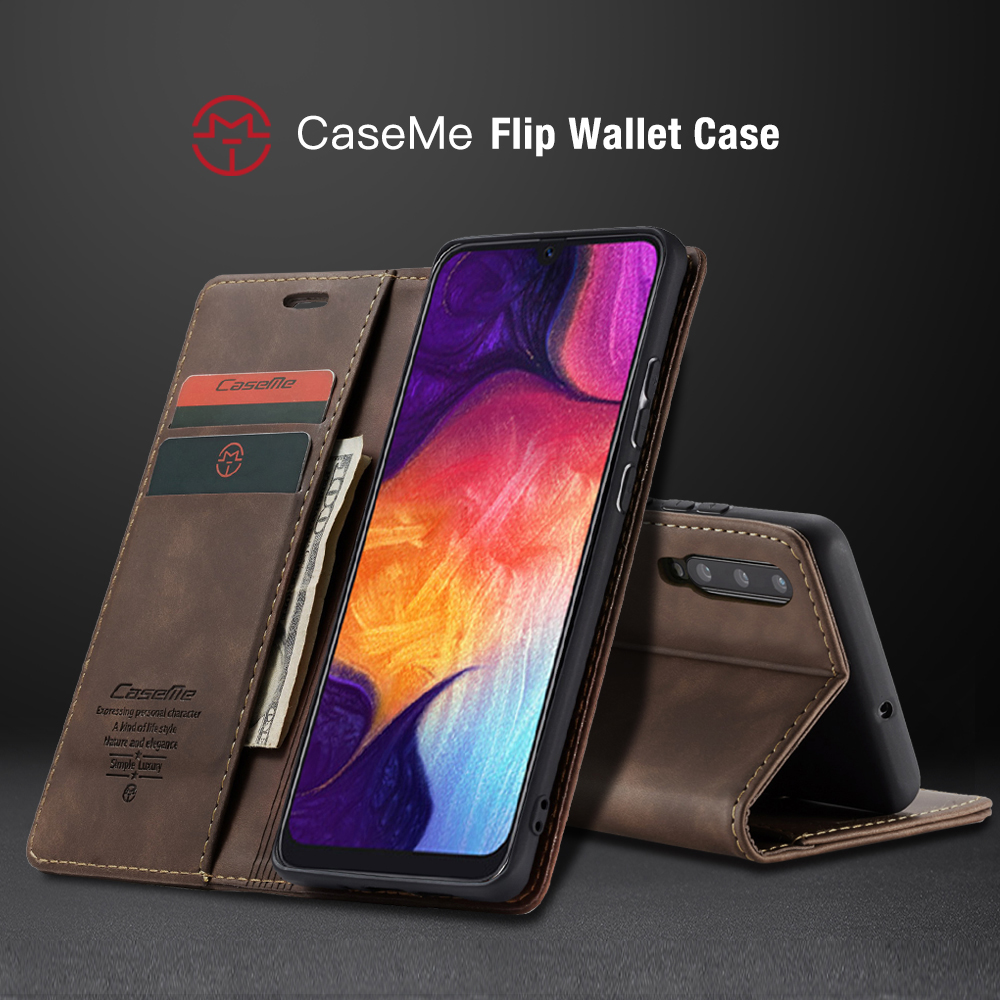 Caseme 013-Serie Auto-absorbierte Lederwallet-Hülle Für Samsung Galaxy A50 - Schwarz