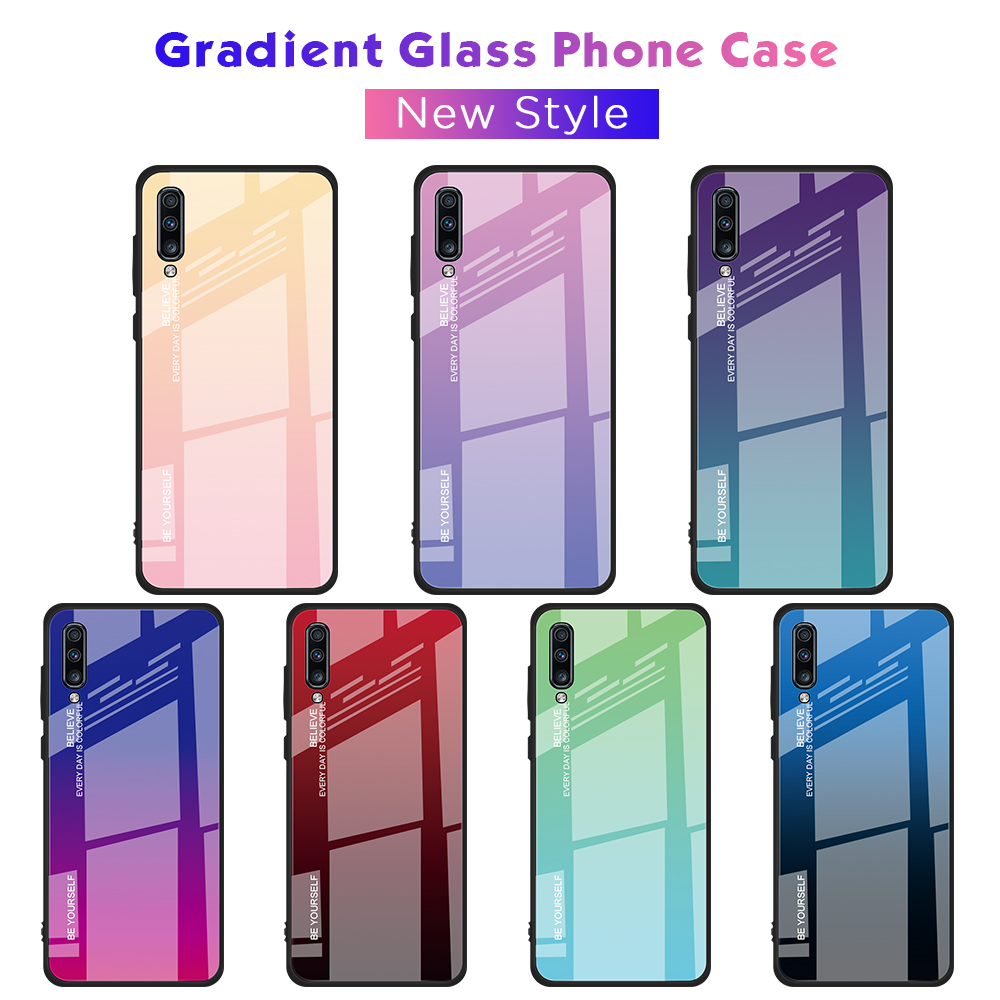 Gradiente de Vidrio de Color + Caja Híbrida TPU Para Samsung Galaxy A70 - Oro / Rosado