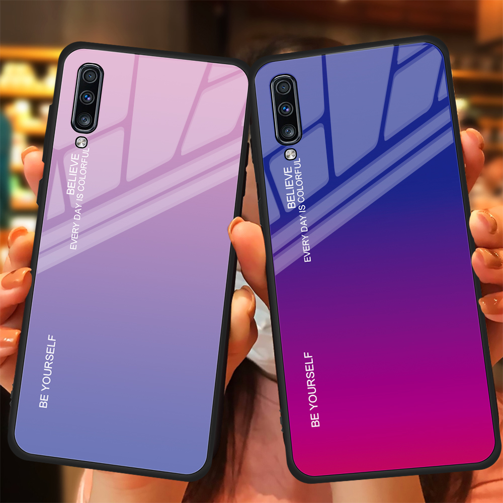 Vetro a Colori Gradiente + Custodia Ibrida TPU Per Samsung Galaxy A70 - Blu / Nero