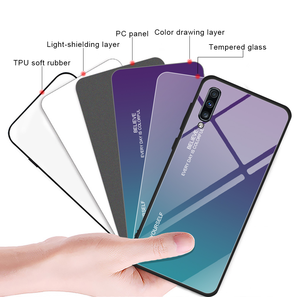 Couleur de Gradient Verre + TPU Hybride Pour Samsung Galaxy A70 - or / Rose